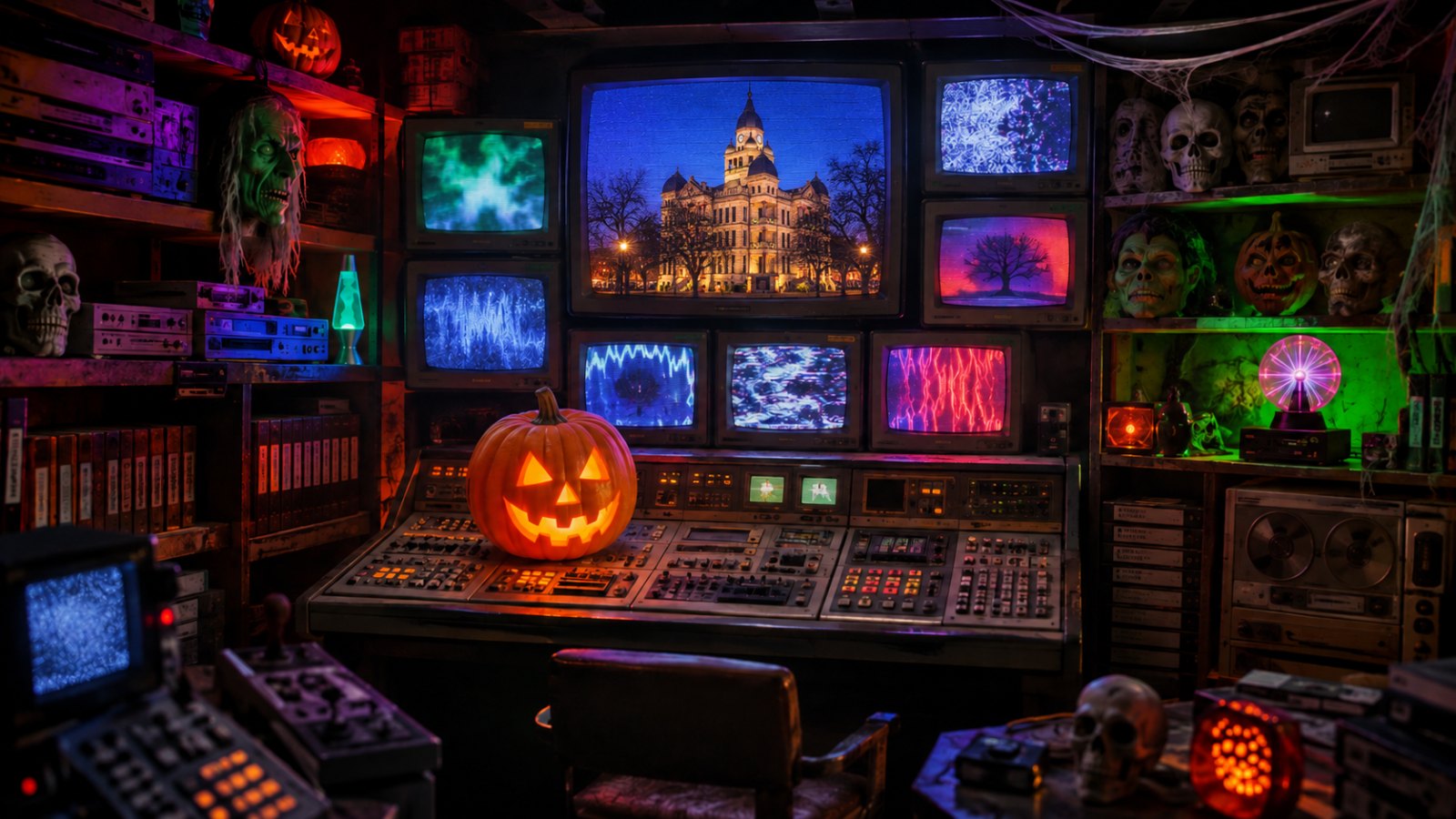 Denton media lab: the courthouse on the central monitor, beside the PROJECT SAMHAIN logo